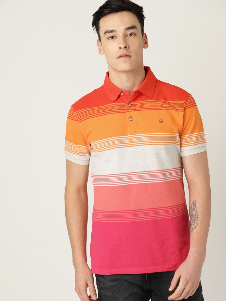 Buy United Colors Of Benetton Men Pink Orange Striped Polo Collar