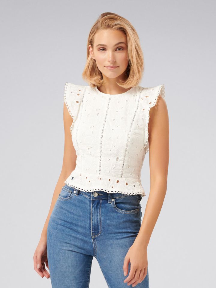 Buy Forever New Women White Self Design Peplum Pure Cotton Top