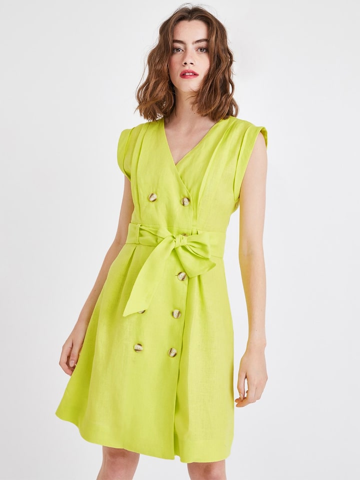 Buy Promod Women Neon Yellow Solid Fit &amp; Flare Linen Dress - Dresses for  Women 9769123 | Myntra