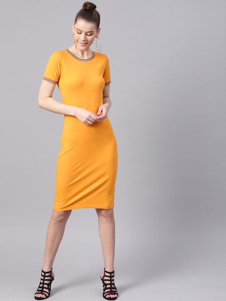 SASSAFRAS Women Mustard Yellow Solid Bodycon Dress