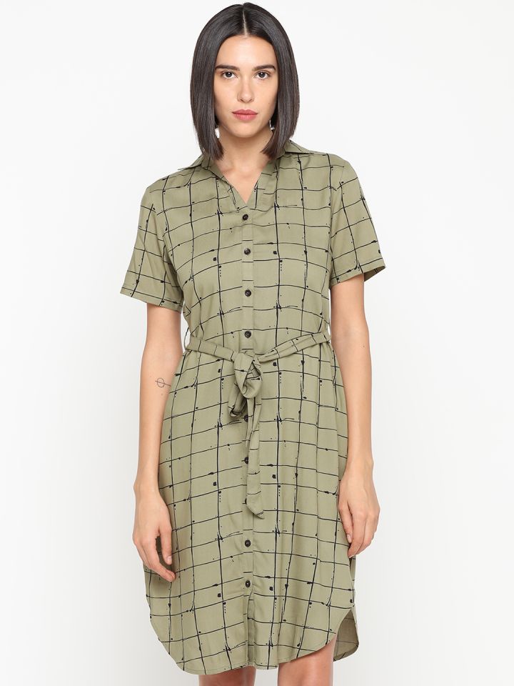 Buy Idk Women Olive Green Checked Shirt Dress Dresses For Women 9824257 Myntra