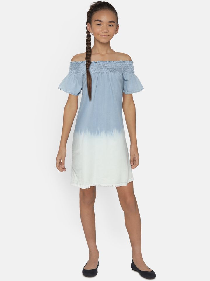 blue and white bardot dress