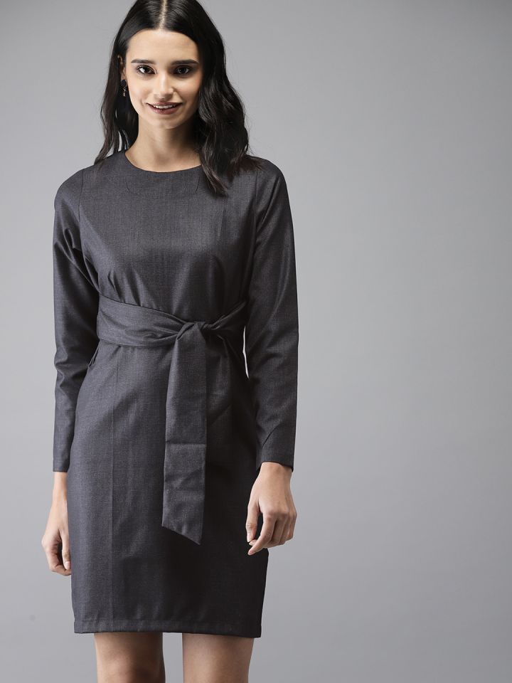Moda Rapido Women Charcoal Grey Self Checked Sheath Dress