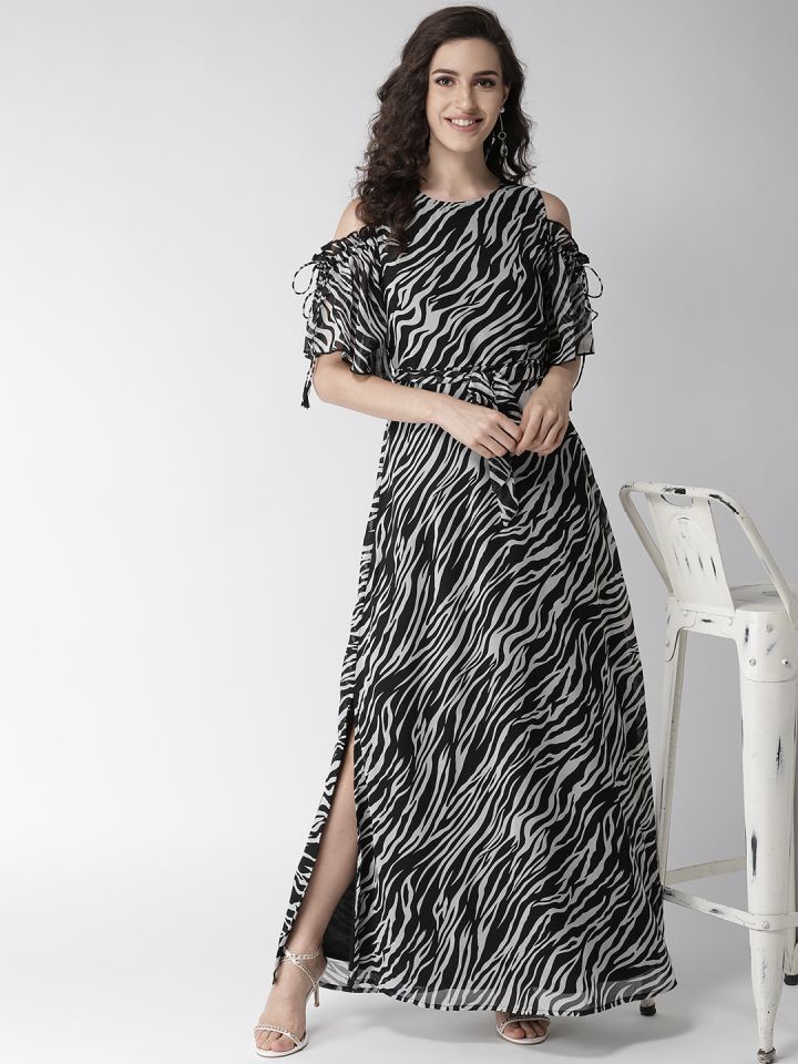 Buy La Zoire Women Black Grey Animal Print Cold Shoulder Maxi