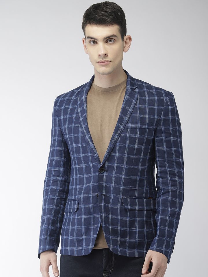 Buy Park Avenue Men Blue White Self Checked Linen Slim Fit