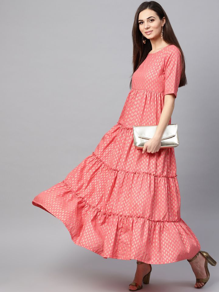 Buy AKS Women Peach Coloured Golden Printed Tiered Maxi Dress