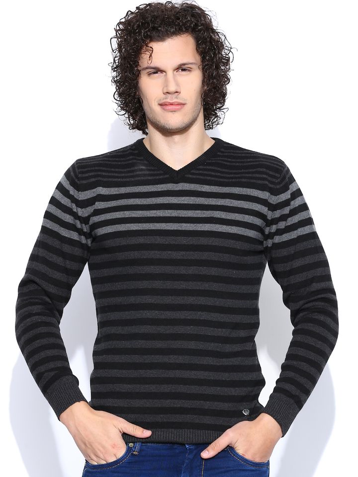 Grey Melange Striped Sweater - Sweaters 