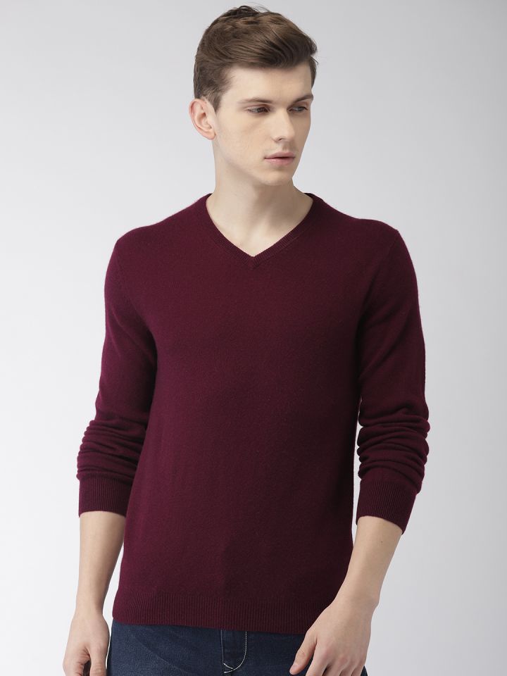 Celio Men Burgundy Solid V Neck Sweater