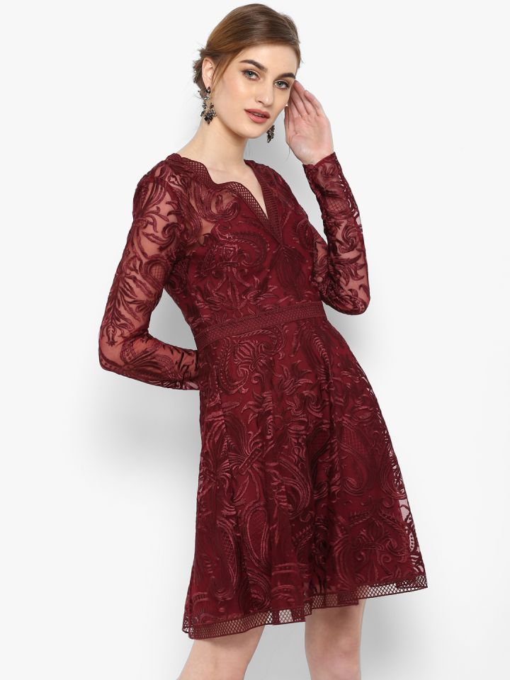 Forever New Women Red Solid Fit and Flare Lace Dress