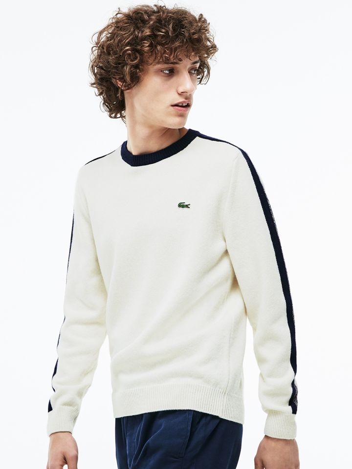 Lacoste Men White Navy Blue Striped Woollen Sweater