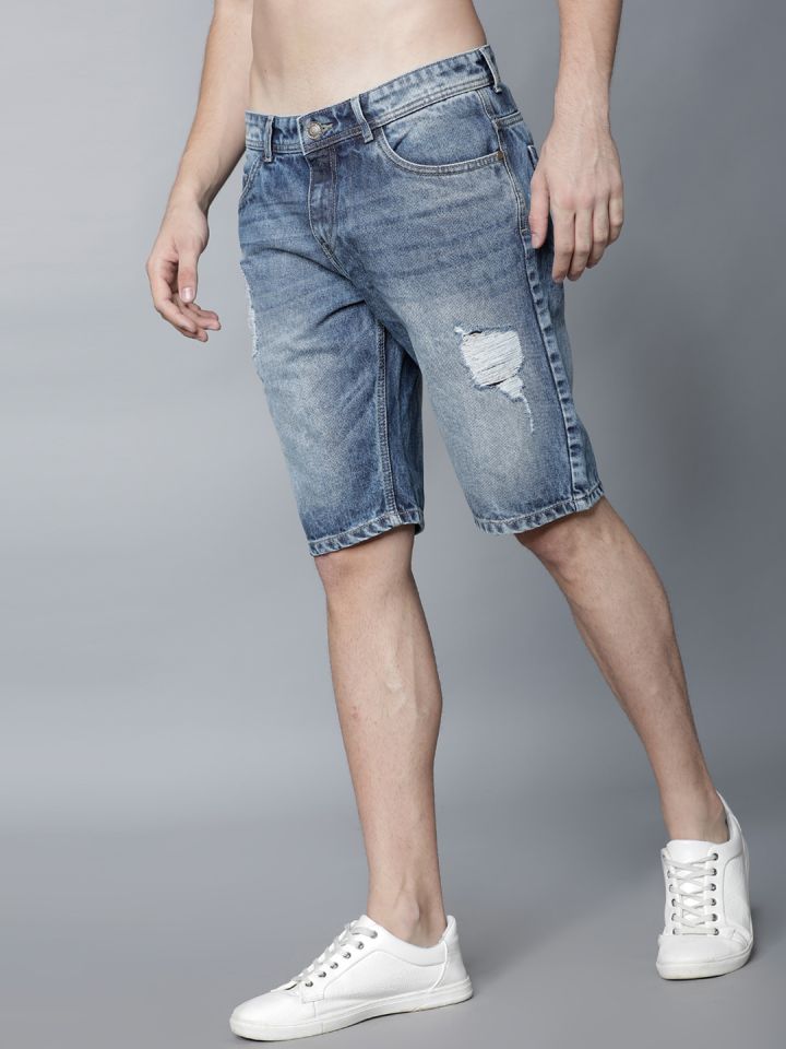 HIGHLANDER Men Blue Washed Slim Fit Denim Shorts