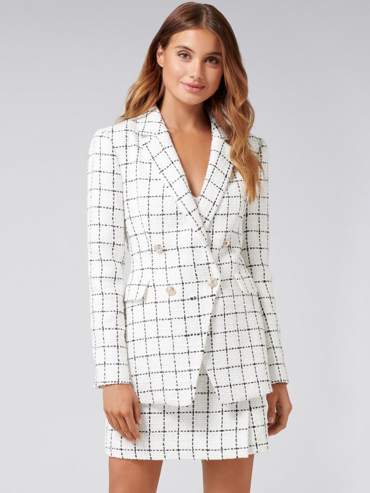 Forever New Women White Black Checked Double Breasted Casual Blazer