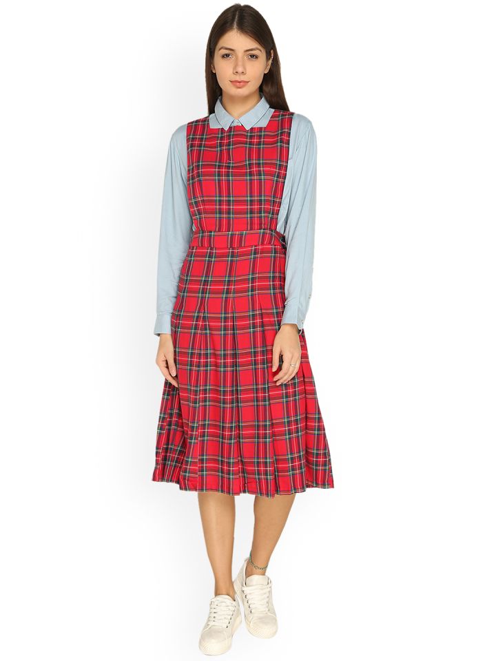 Womens red hotsell pinafore dress