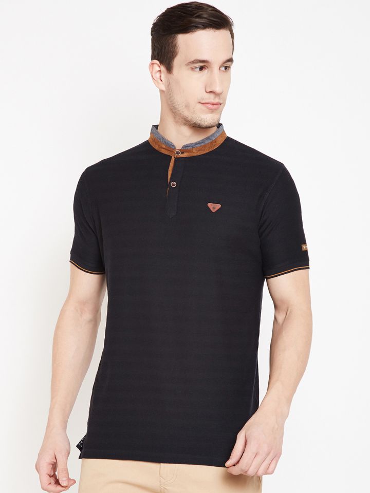 Buy Taanz Men Black Solid Mandarin Collar T Shirt Tshirts for