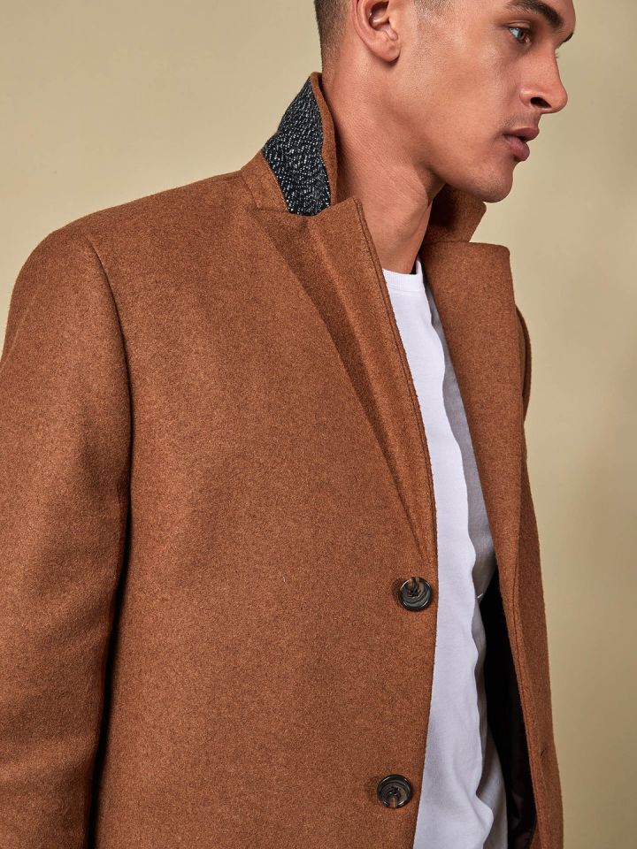 next Men Tan Brown Solid Woollen Trench Coat