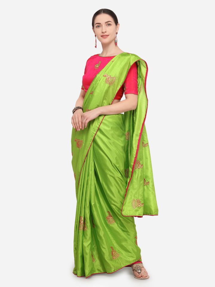 images Green Contrast Color Blouse blissta parrot green two tone sana silk embroidered saree with contrast color blouse