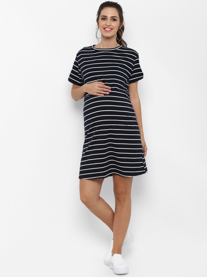 Mamacouture Women Navy Blue Striped Maternity T shirt Dress