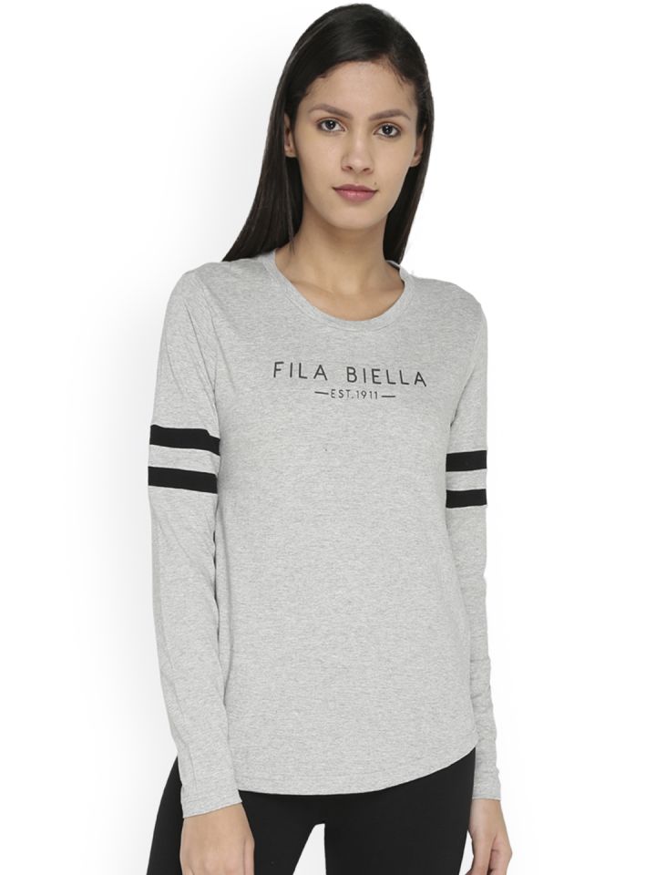 FILA Women Grey Printed Round Neck Slim Fit T shirt
