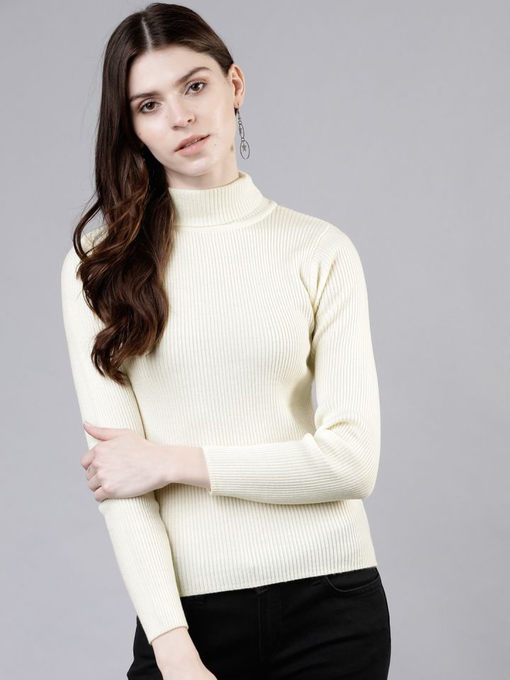 Tokyo Talkies Women Off White Solid Sweater