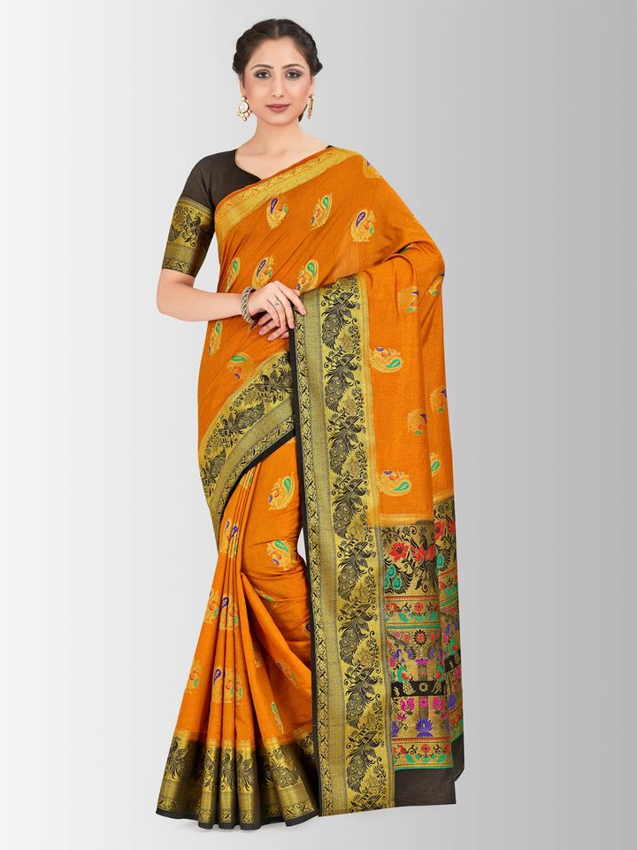Buy Mimosa Orange Black Art Silk Woven Design Paithani Saree Sarees For Women 10895446 Myntra Check out a wide range of handcrafted, printed types of paithani saree are considered as one of the wealthiest saree in india. mimosa orange black art silk woven design paithani saree