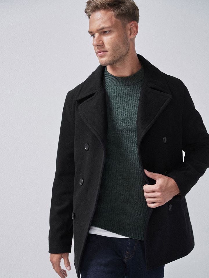 next Women Black Solid Double Breasted Wool Rich Pea Coat