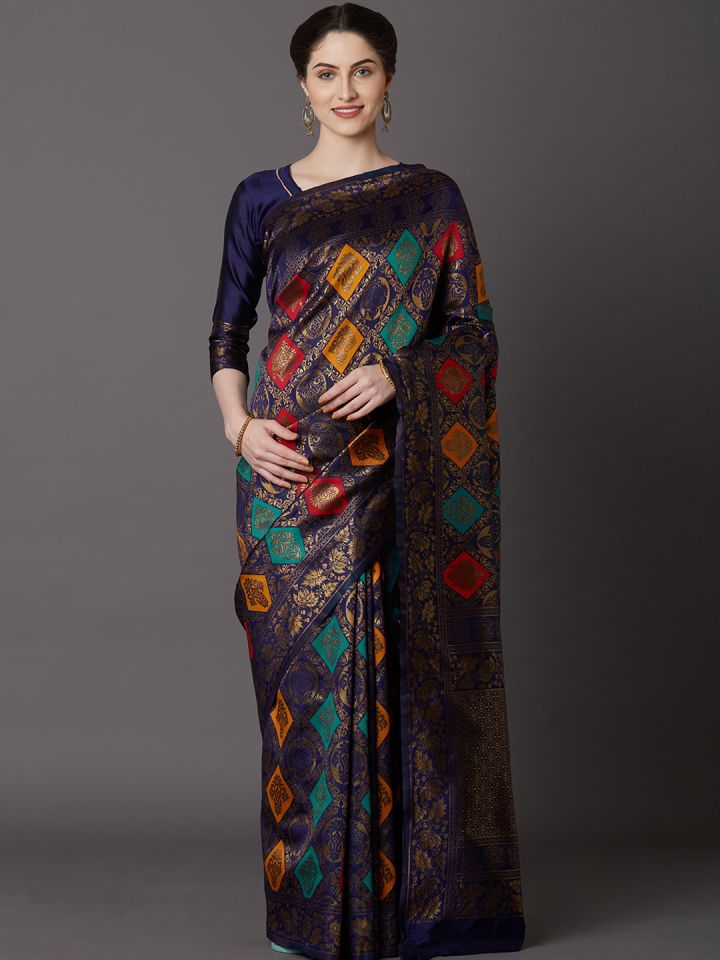 Buy Mitera Navy Blue Gold Toned Silk Blend Woven Design