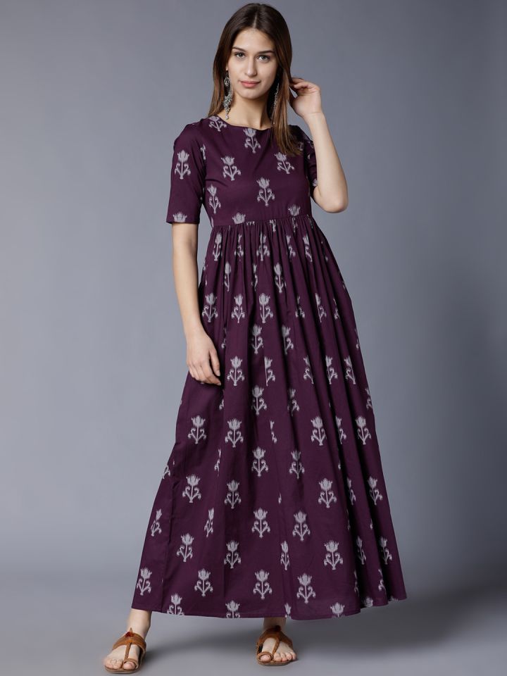 vishudh navy blue printed maxi dress