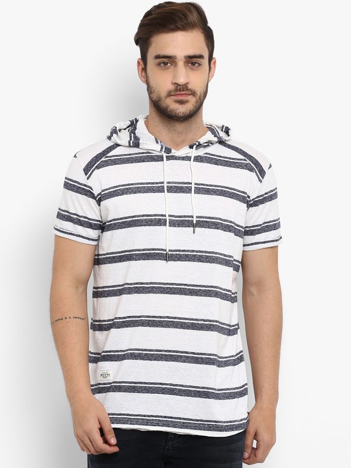 Buy Mufti Men White Striped Hood T Shirt Tshirts for Men 8897579