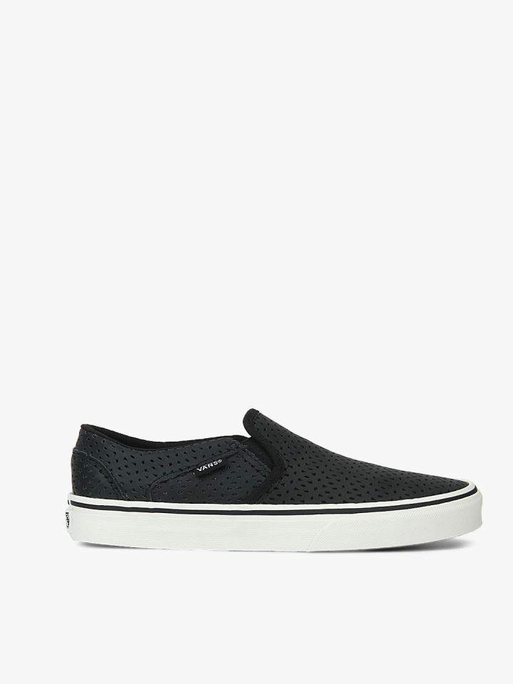 Vans Women Black Asher Leather Slip On Sneakers with Cut Outs