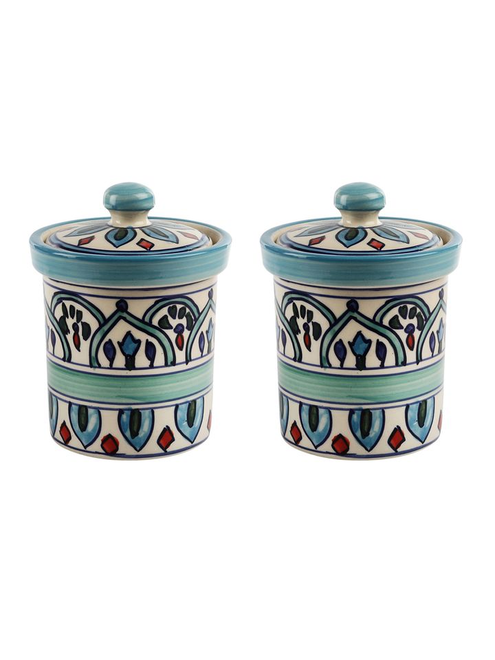 Buy Vareesha Set Of 2 Off White Blue Ceramic Jars With Lids