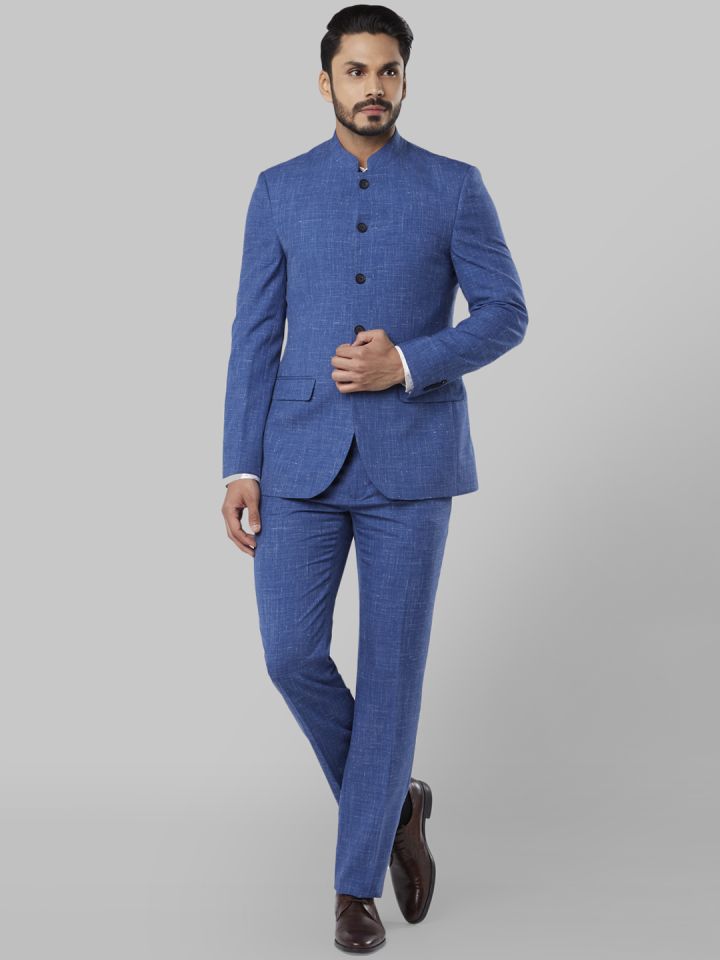 Raymond Men Blue Self Design Single Breasted Bandhgala Suit