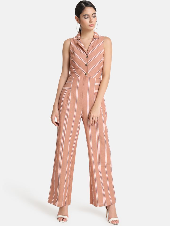 Buy Kazo Coral Pink Striped Basic Jumpsuit Jumpsuit for Women