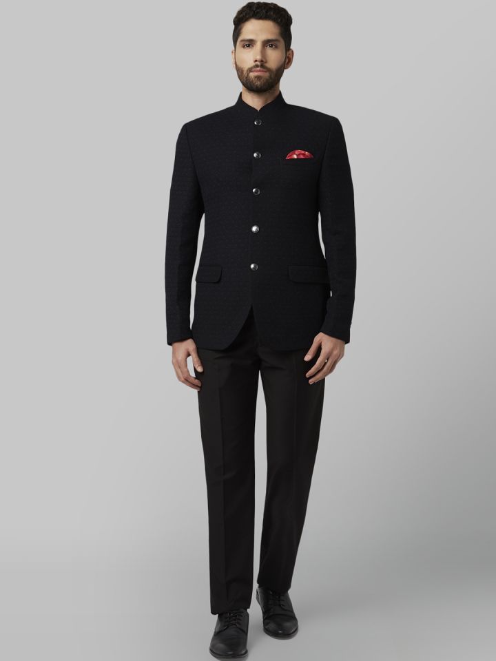 Park Avenue Men Black Self Design Slim Fit Bandhgala Suit