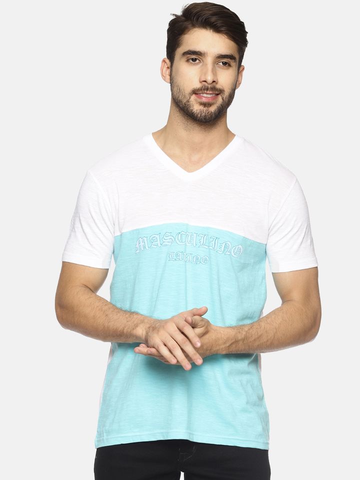 Buy Masculino Latino Men Turquoise Blue Colourblocked V Neck T