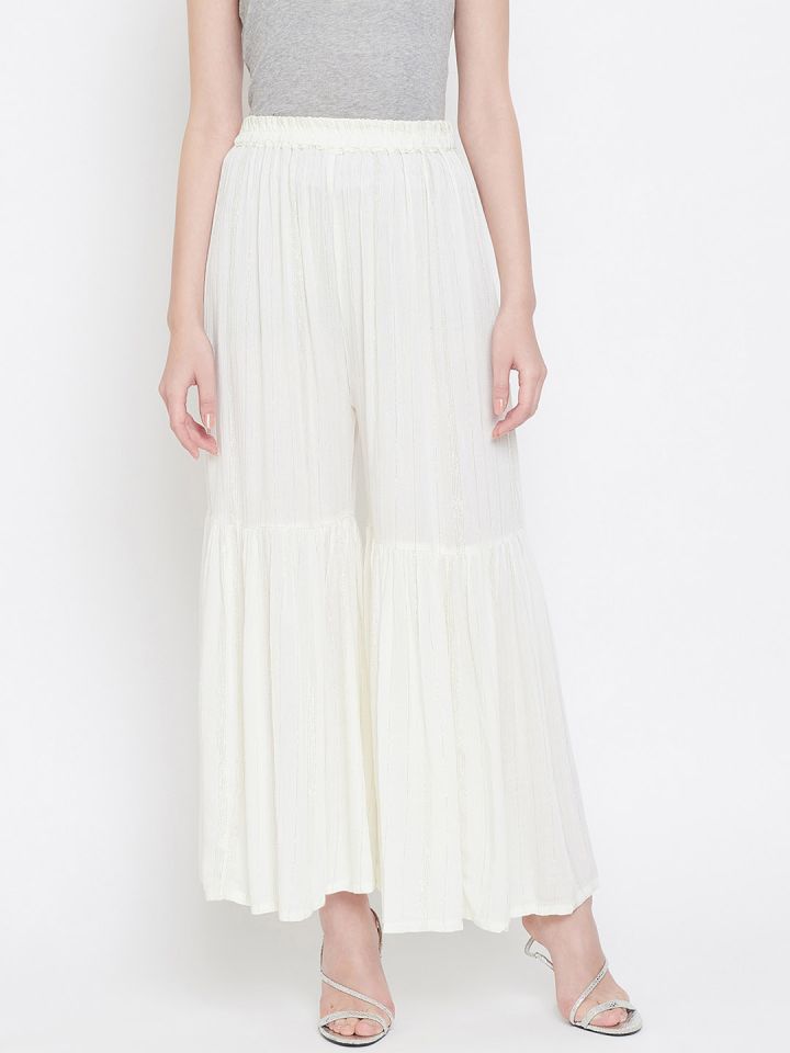 Off White Solid Flared Sharara Pants