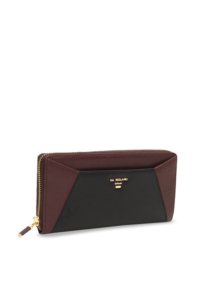 Da Milano Women Black Burgundy Colourblocked Leather Zip Around Wallet