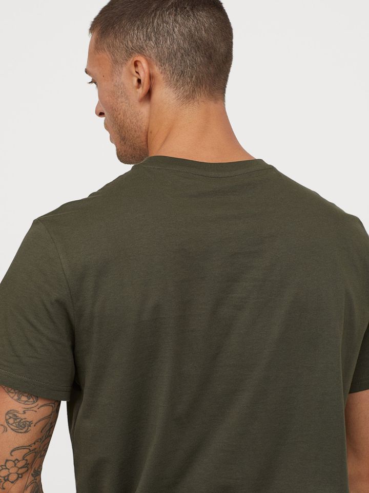 Buy HM Men Olive Green Solid Cotton Pure Cotton T Shirt Regular