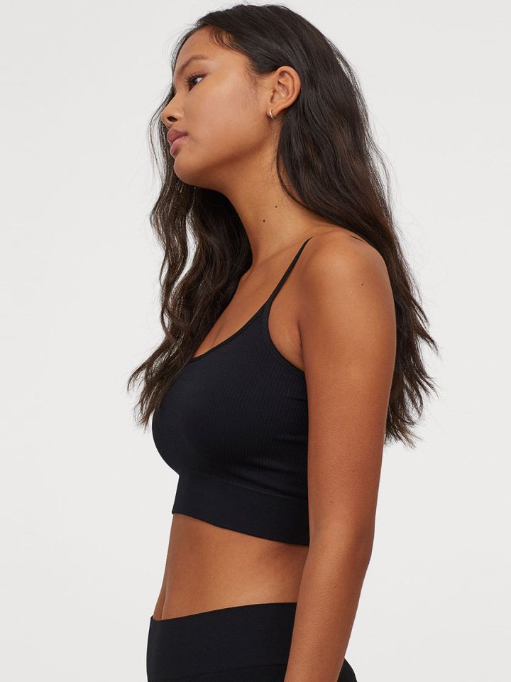 H&M Women Black Solid Seamless Crop Sustainable Top