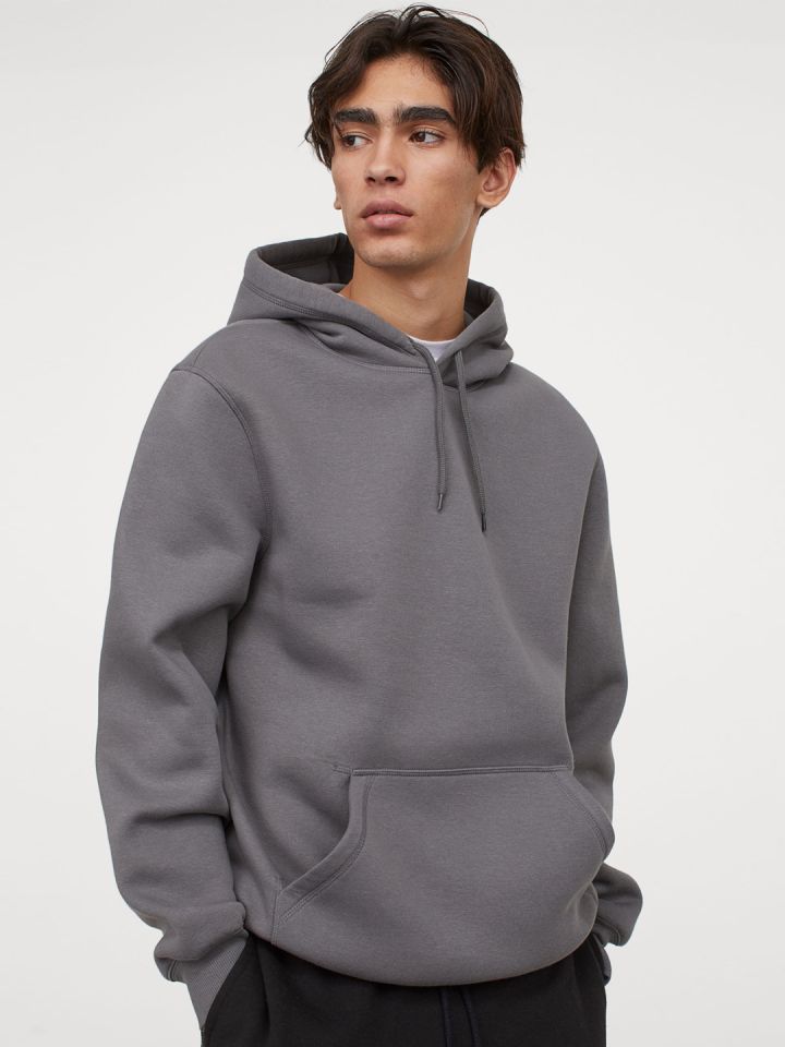 H M Men Grey Solid Relaxed Fit Hoodie
