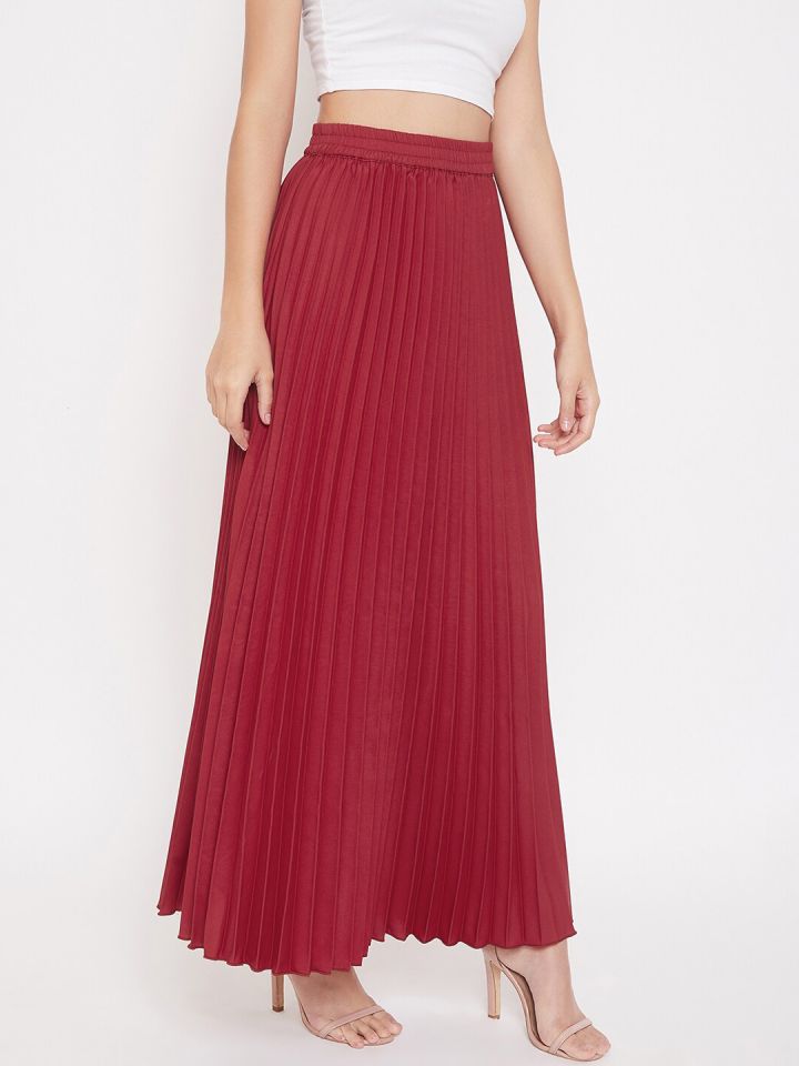 Buy U F Women Maroon Accordion Pleat Maxi Flared Skirt Skirts