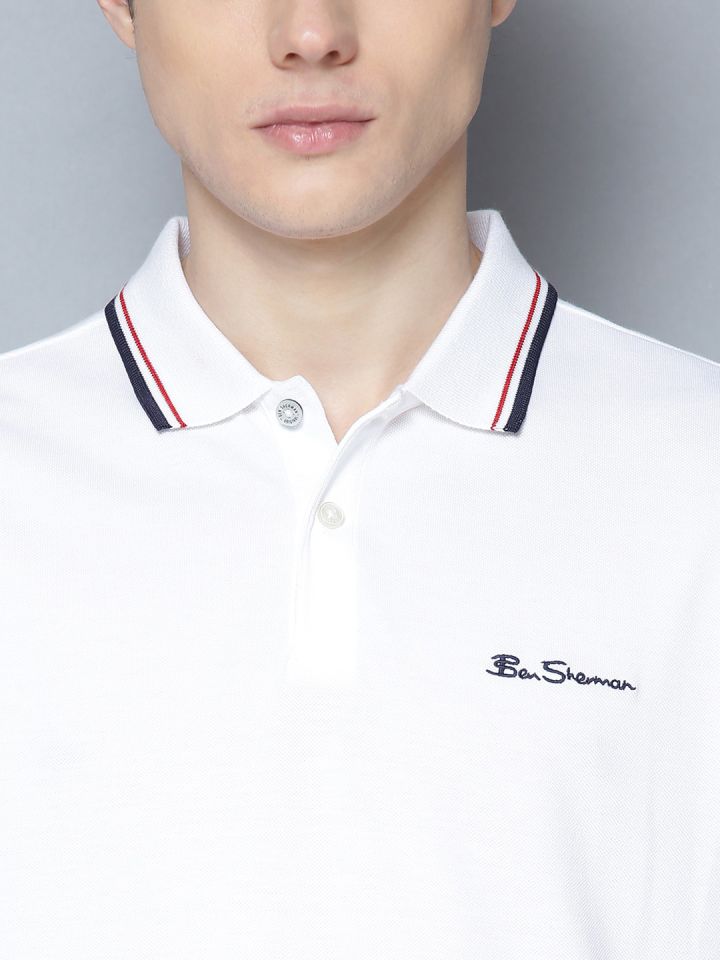 Buy BEN SHERMAN Men White Solid Polo Collar T Shirt Tshirts for