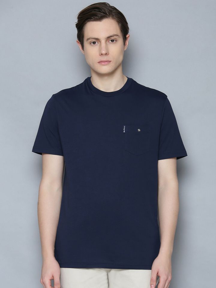 Buy BEN SHERMAN Men Navy Blue Solid Round Neck Organic Cotton T