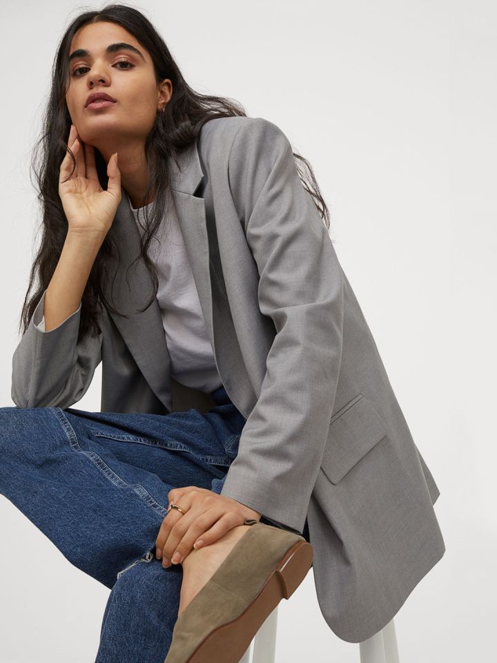 H M Women Grey Solid Oversized jacket