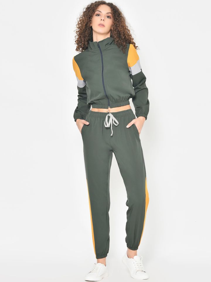 Buy American Elm Women Olive Green Grey Solid Tracksuit