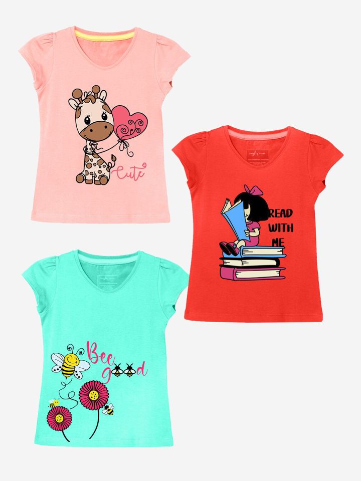 Naughty Ninos Girls Pack of 3 Peach Coloured Red Printed Round Neck Cotton T shirt