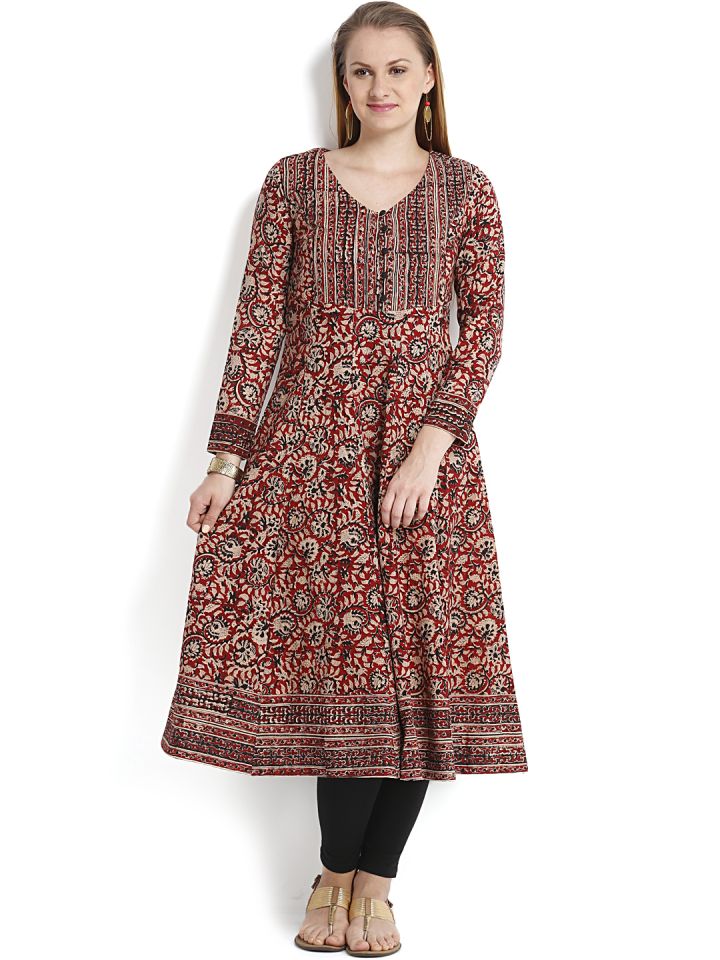 Fabindia Women Maroon Black Kalamkari Printed Anarkali Kurta