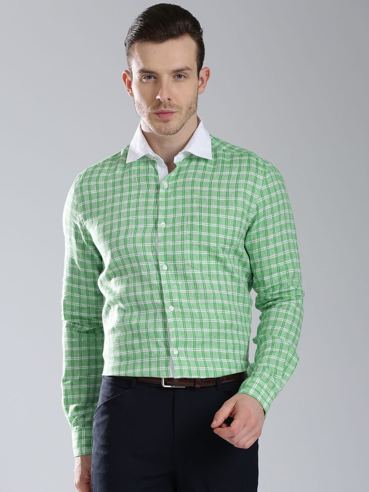 INVICTUS Men Green & White Checked Linen Slim Fit Formal shirt