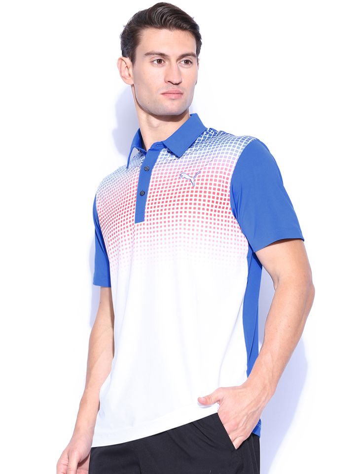 PUMA White Blue Printed Glitch Polo T shirt