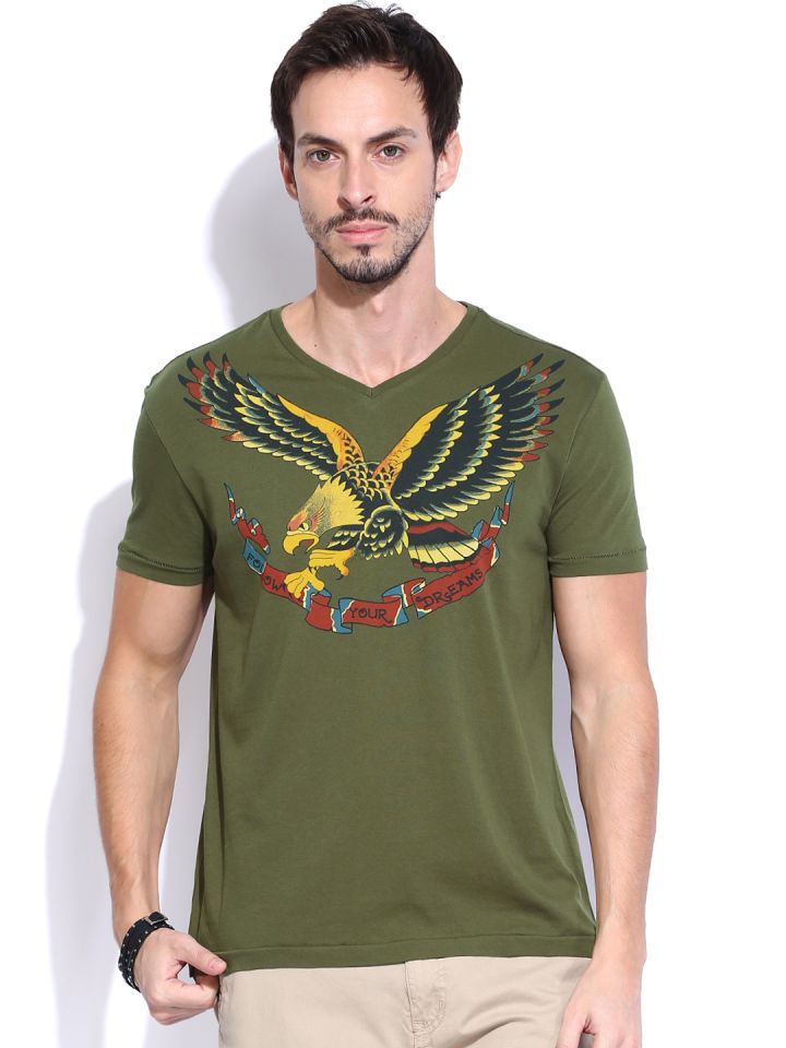 Ed Hardy Olive Green Printed Pure Cotton T shirt