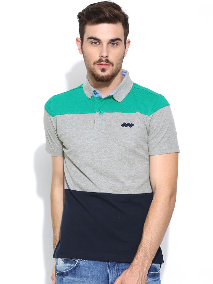 Spunk Men Grey Melange Navy Polo T shirt